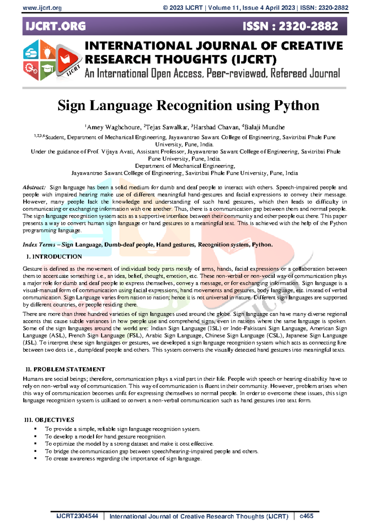 Ijcrt 2304544 - this is my work - Sign Language Recognition using ...