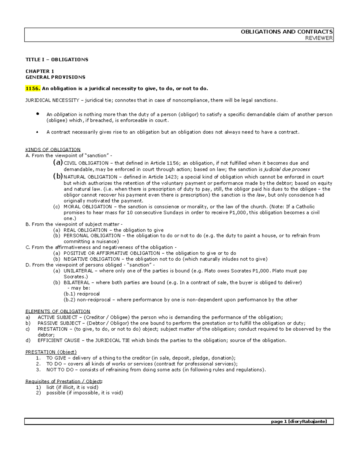 Oblicon- Reviewer - Obligation and Contracts - REVIEWER TITLE I ...