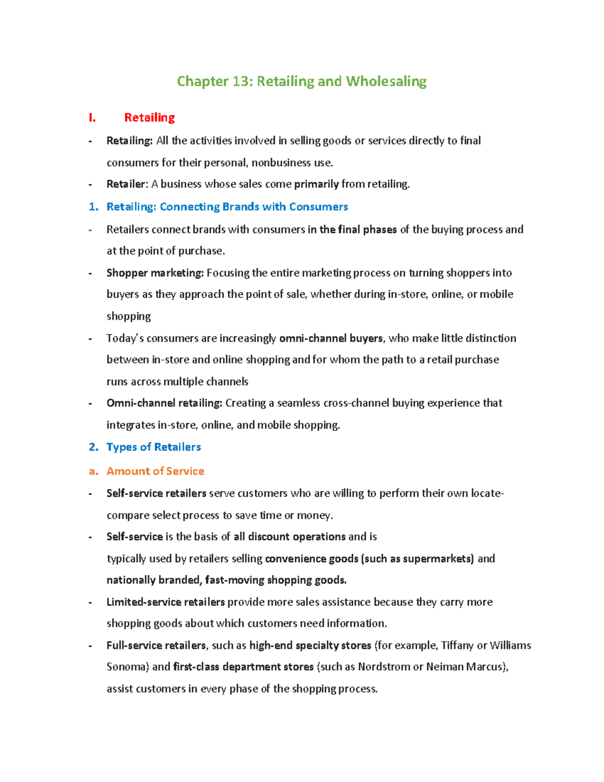 Chapter 13 - Chapter 13 : Retailing And Wholesaling I. Retailing ...