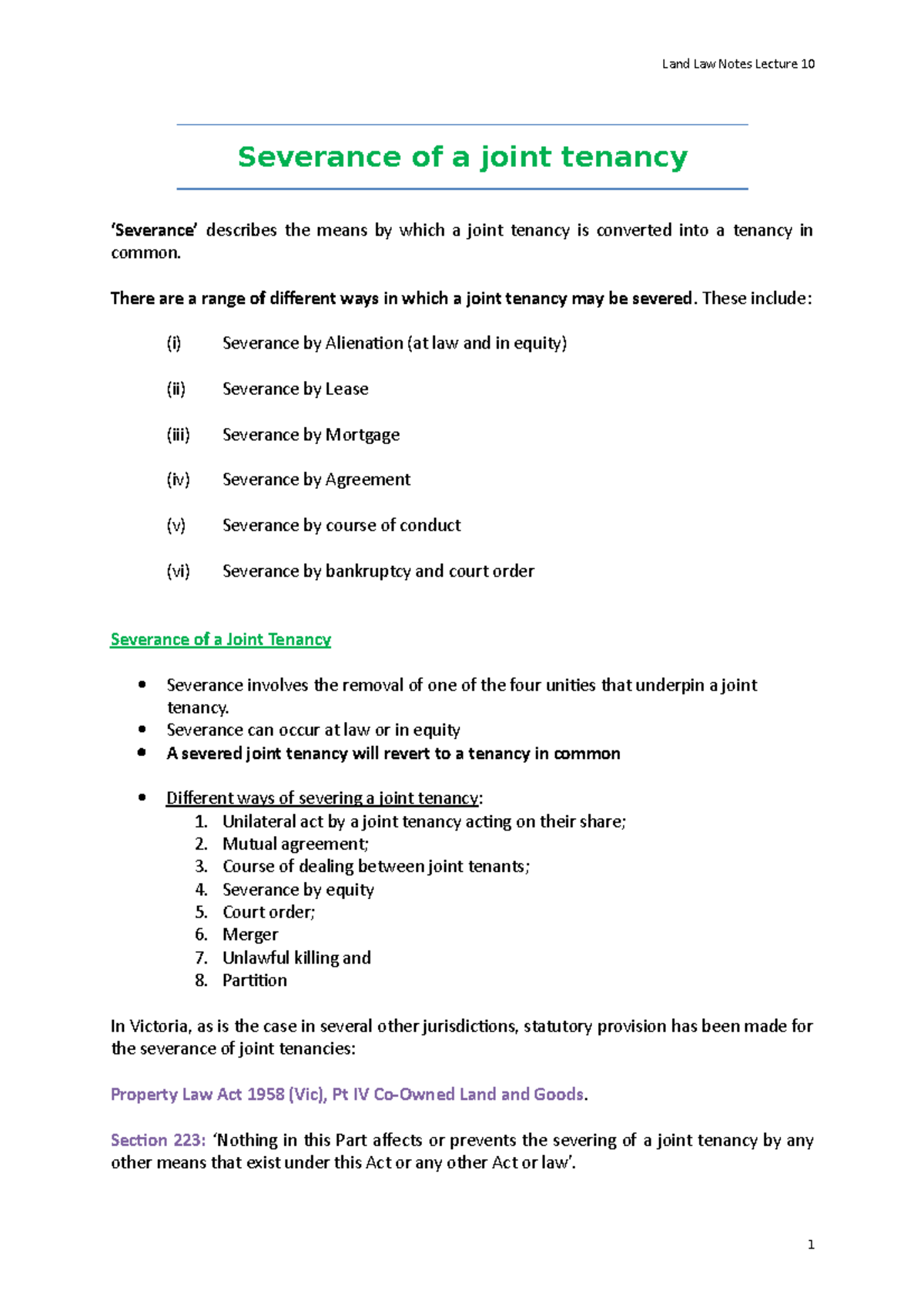 Lecture Notes 10 Severance of a joint tenancy Severance of a joint