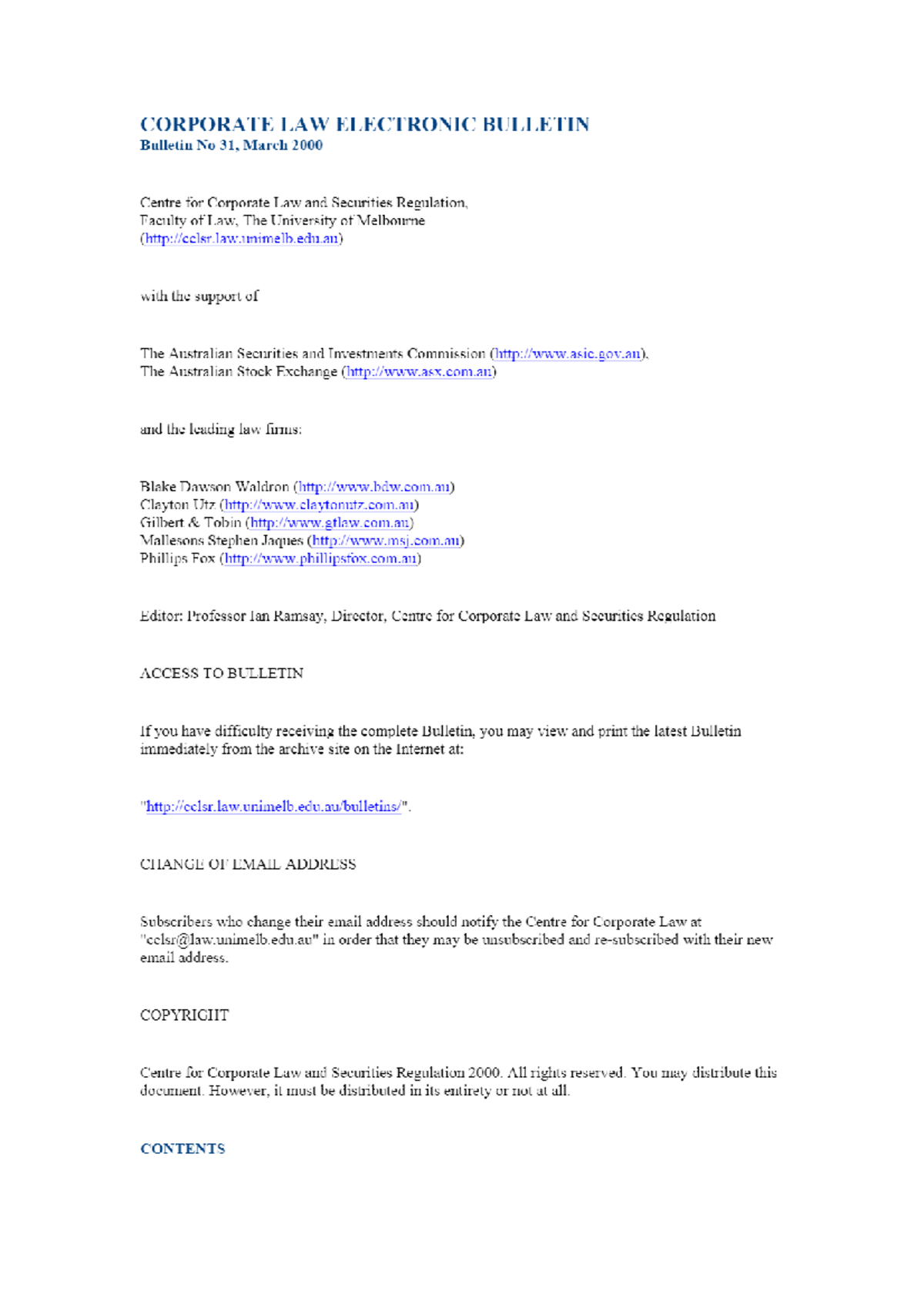Corporate Law Bulletin 31 - March 2000 - BLAW 2001 - Studocu