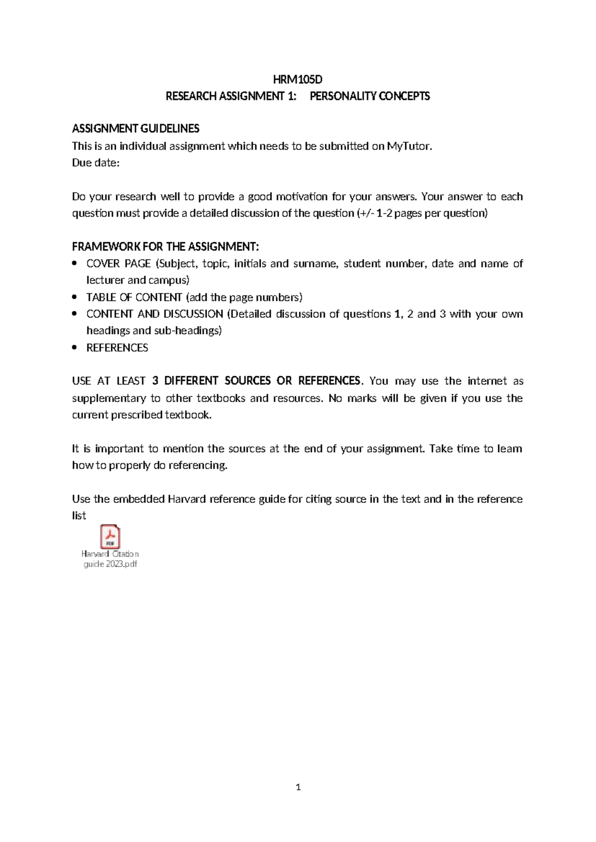 Assignment 1 2023 Final 2 - HRM105D RESEARCH ASSIGNMENT 1: PERSONALITY ...