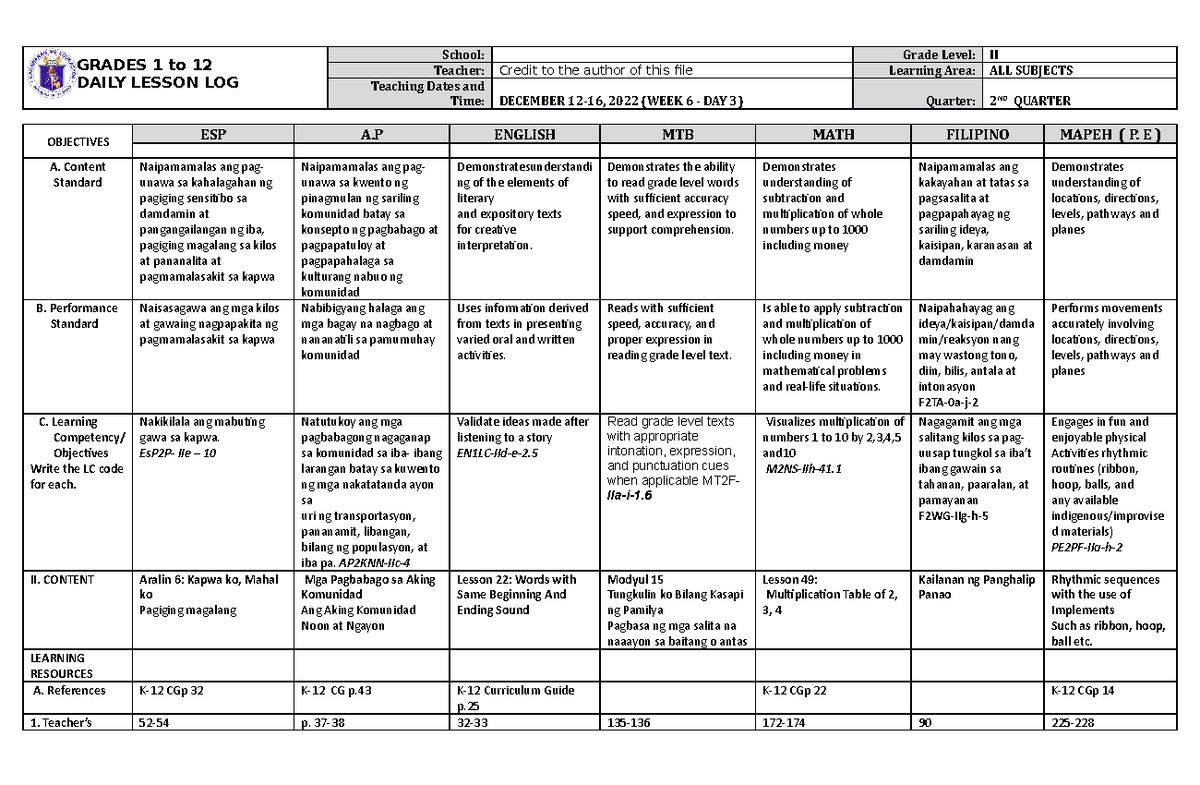 DLL ALL Subjects 2 Q2 W6 D3 - GRADES 1 to 12 DAILY LESSON LOG School ...