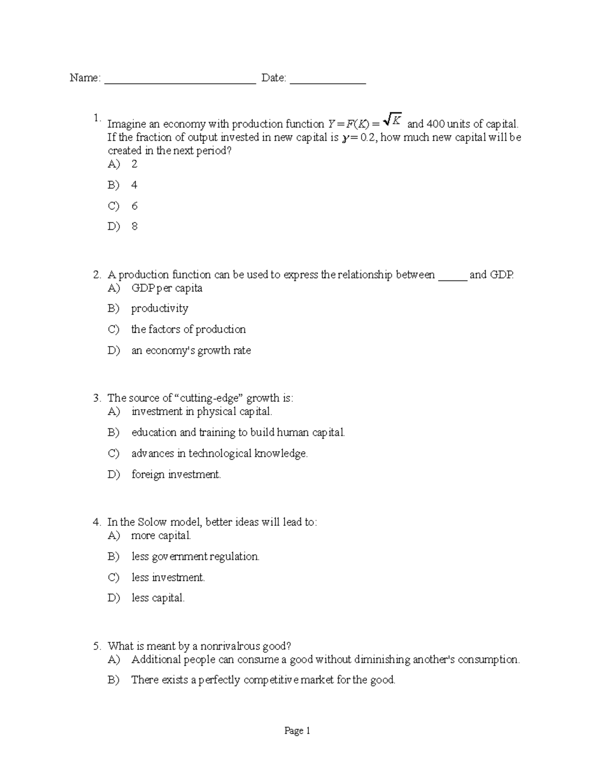 Sample Questions Exam 2 Cowen - Name: __________________________ Date ...