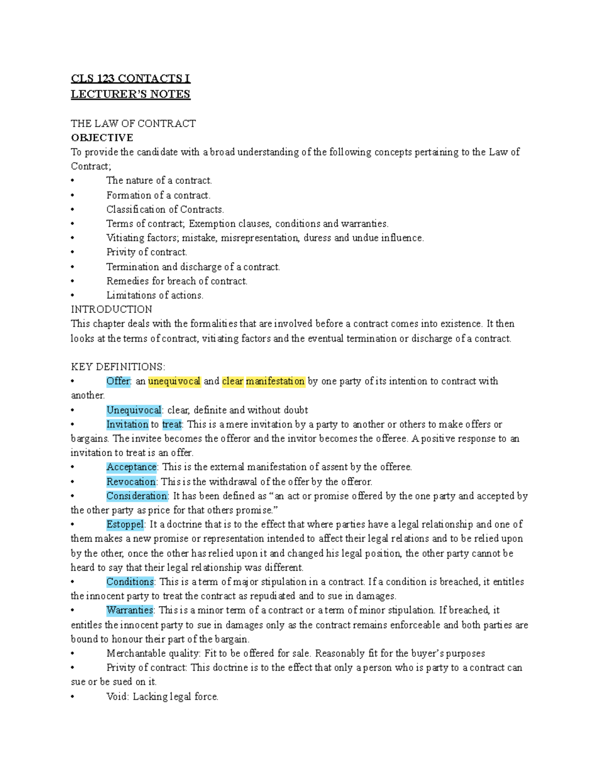 Contract LAW PDF - CLS 123 CONTACTS I LECTURER’S NOTES THE LAW OF ...