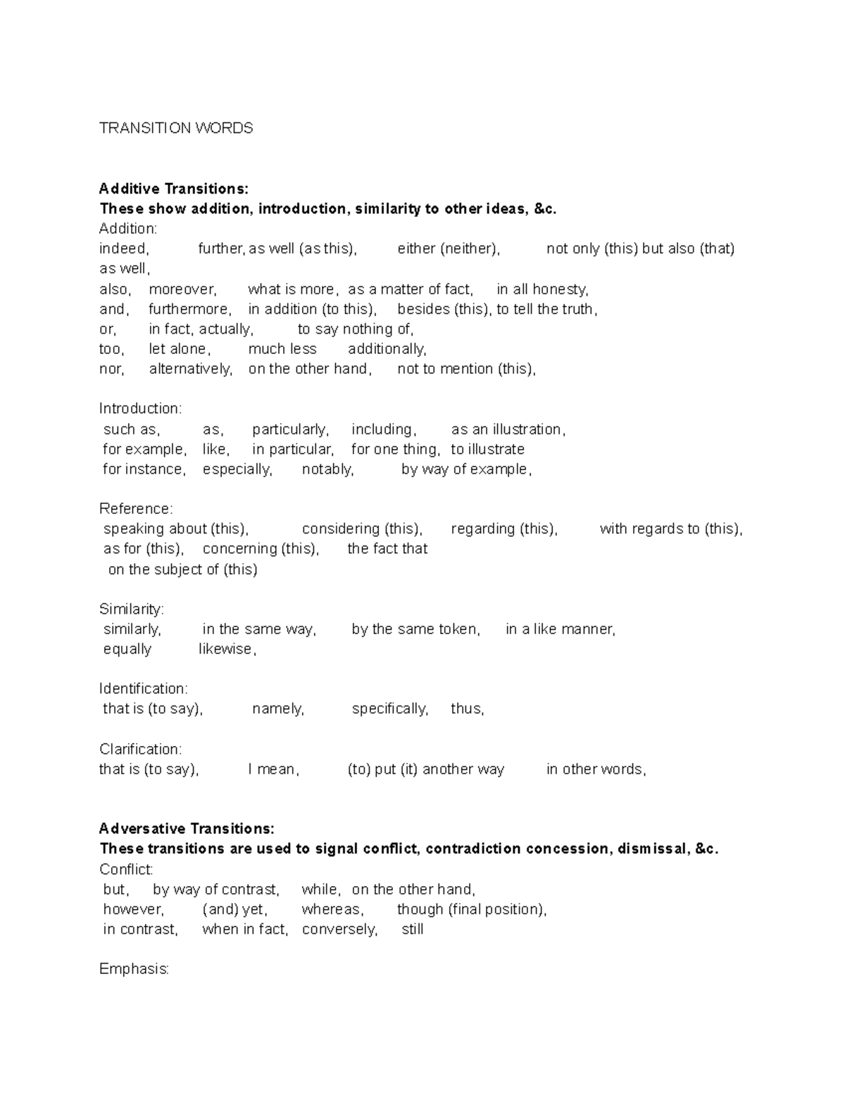 Transition Words - TRANSITION WORDS Additive Transitions: These show ...