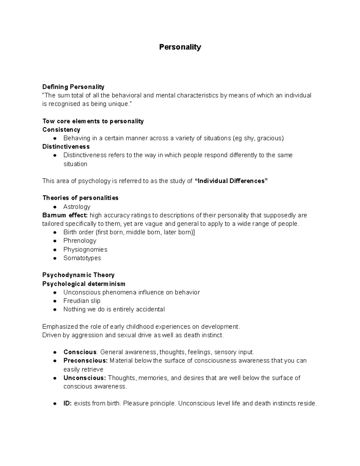 Psych Week 5 - Personality Defining Personality “The Sum Total Of All ...