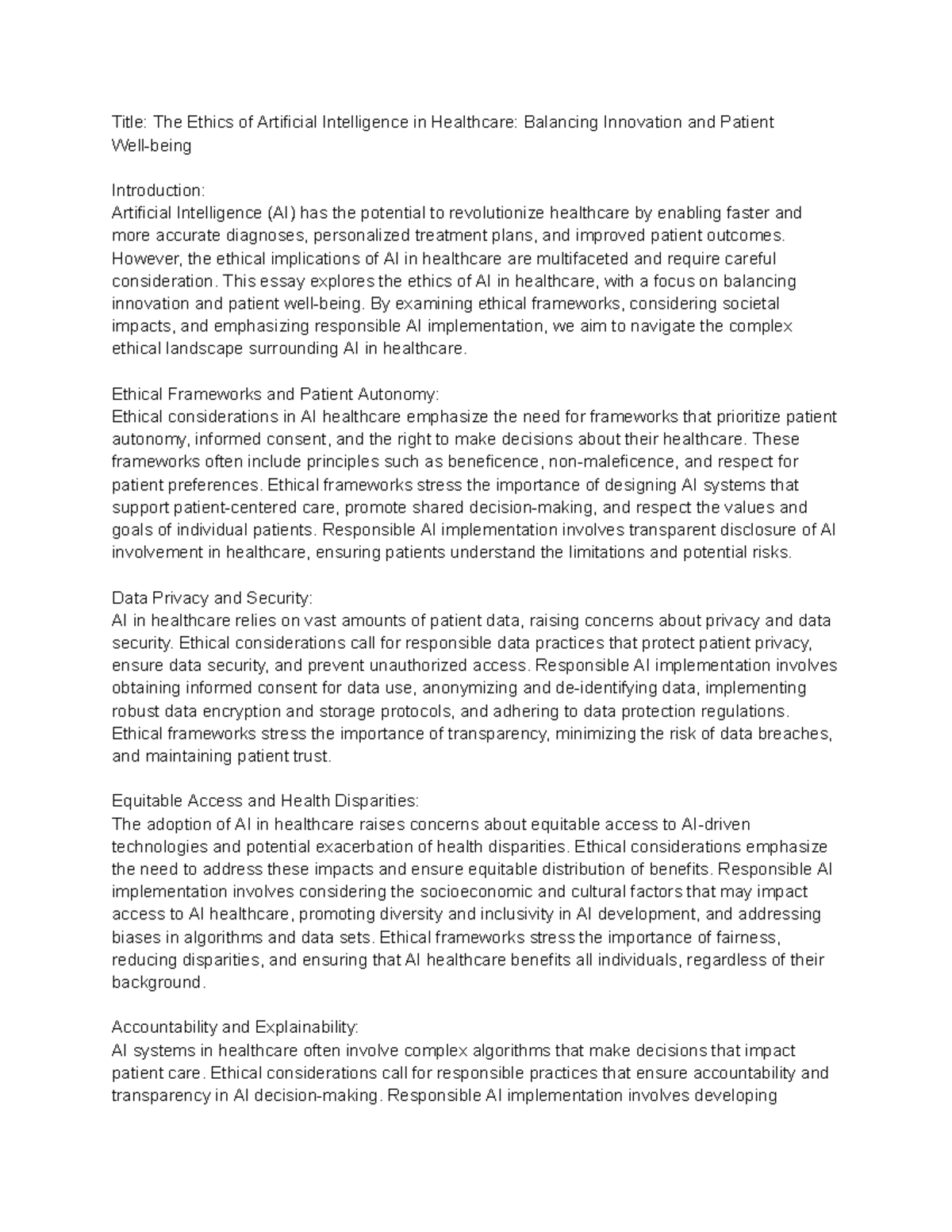 Title The Ethics of Artificial Intelligence in Healthcare Balancing ...
