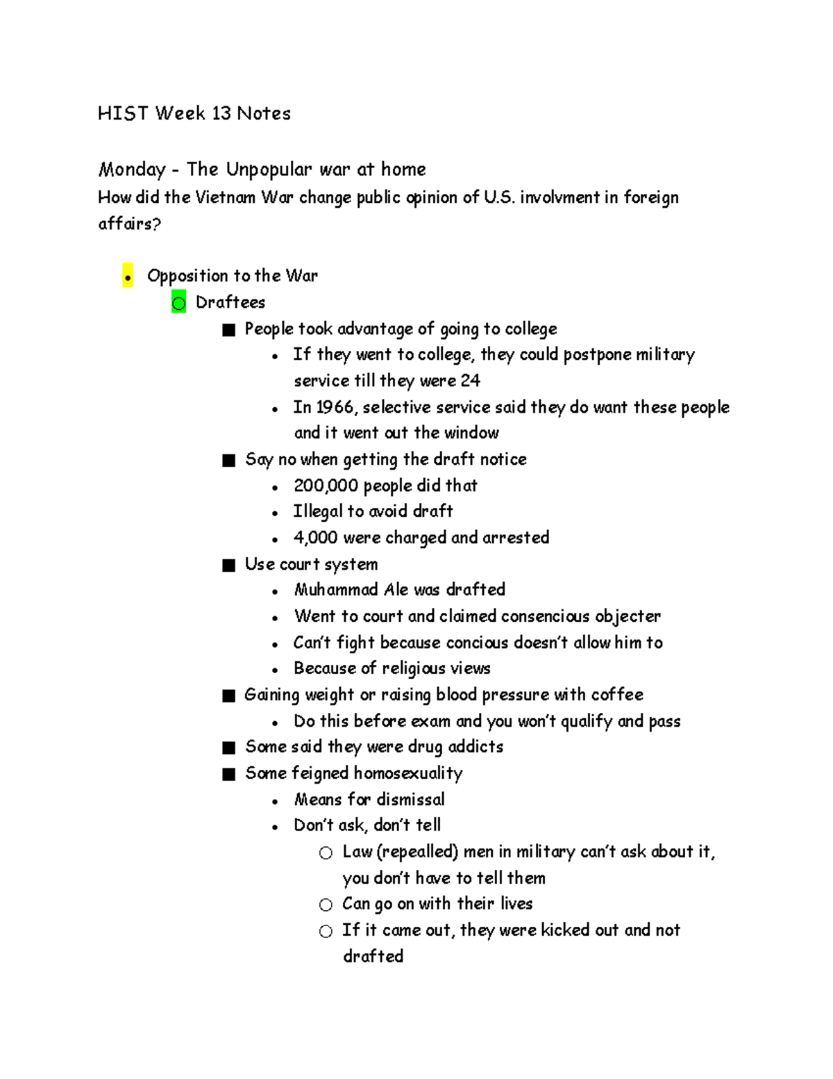 week 13 history notes - HIST Week 13 Notes Monday - The Unpopular war ...
