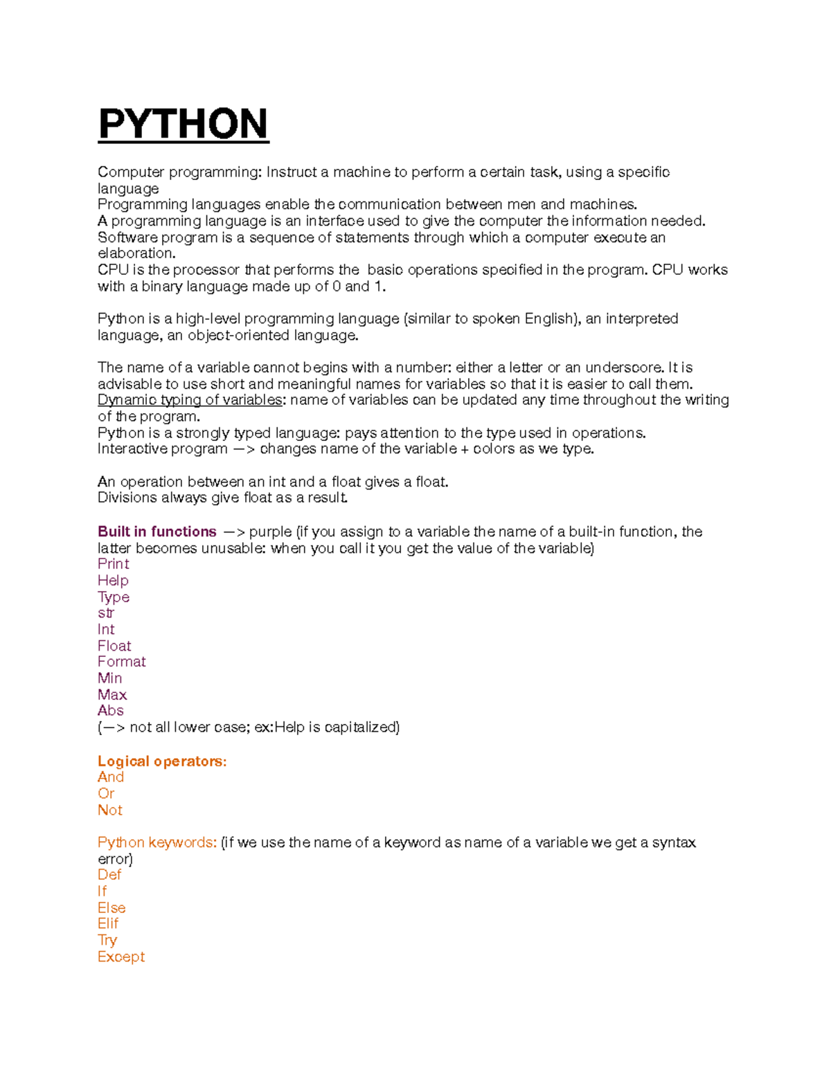 Python riassunto - PYTHON Computer programming: Instruct a machine to ...