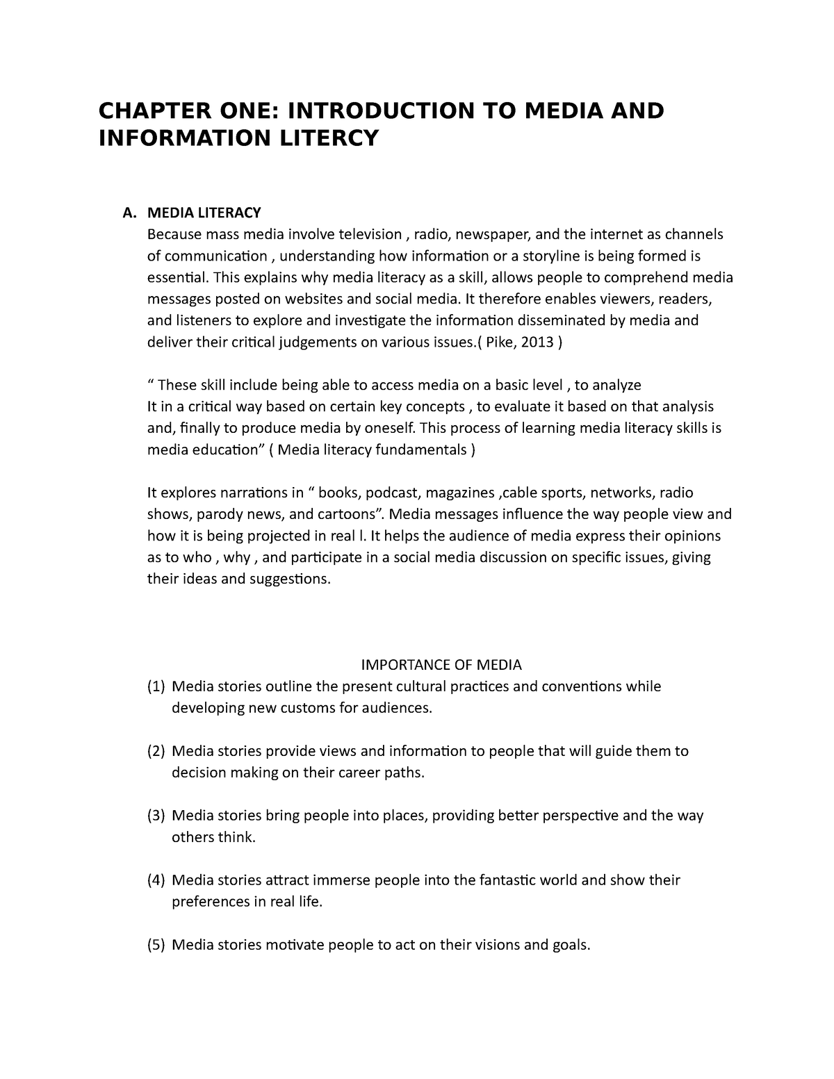 MIL- Chapter-1 - Mil Lecture - CHAPTER ONE: INTRODUCTION TO MEDIA AND ...