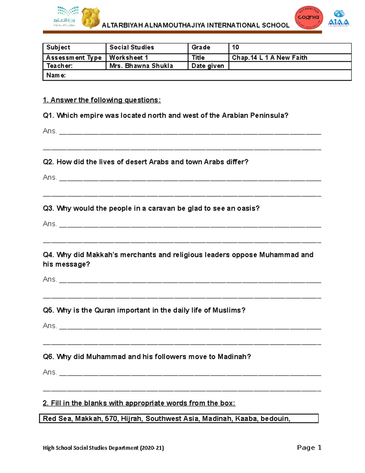 A New Faith history Subject Social Studies Grade 10 Assessment Type Worksheet 1 Title Chap L