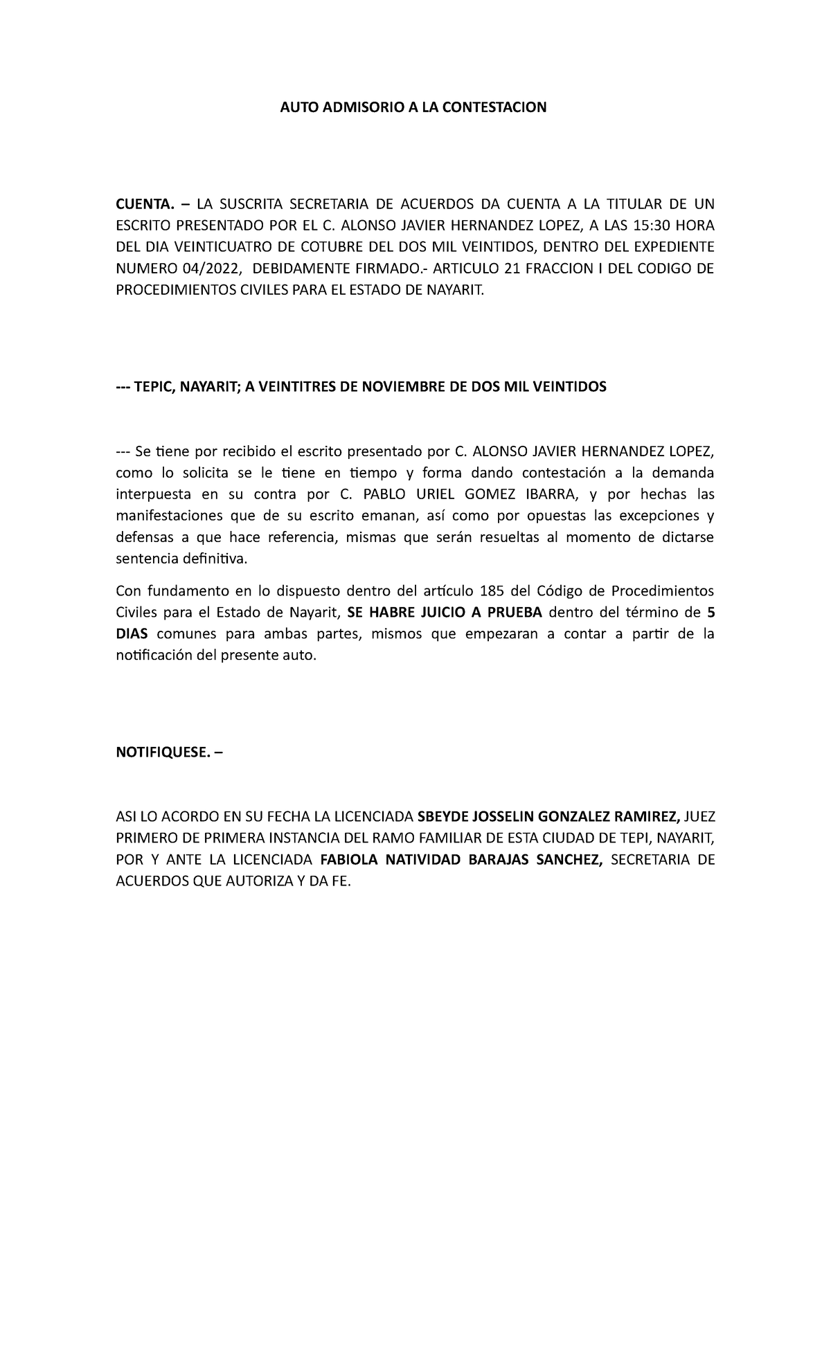 AUTO Admisorio A LA Contestacion Y Sentencia - AUTO ADMISORIO A LA ...