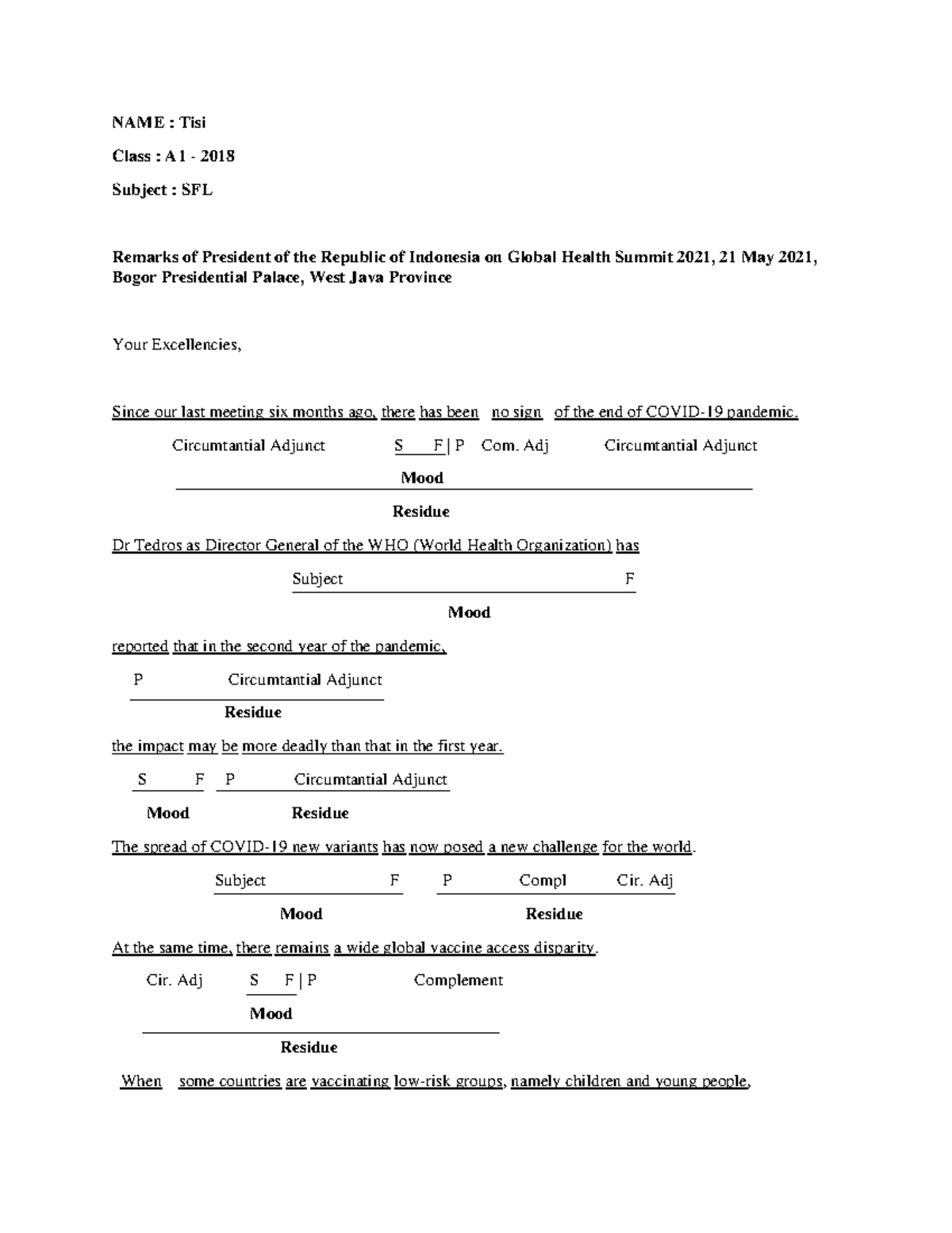 SFL Written FORM - NAME : Tisi Class : A1 - 2018 Subject : SFL Remarks ...