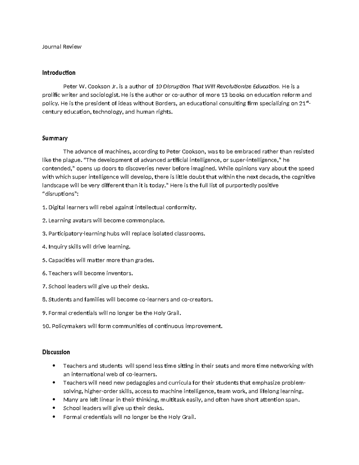 Journal Review - Copy - Copy - Journal Review Introduction Peter W ...