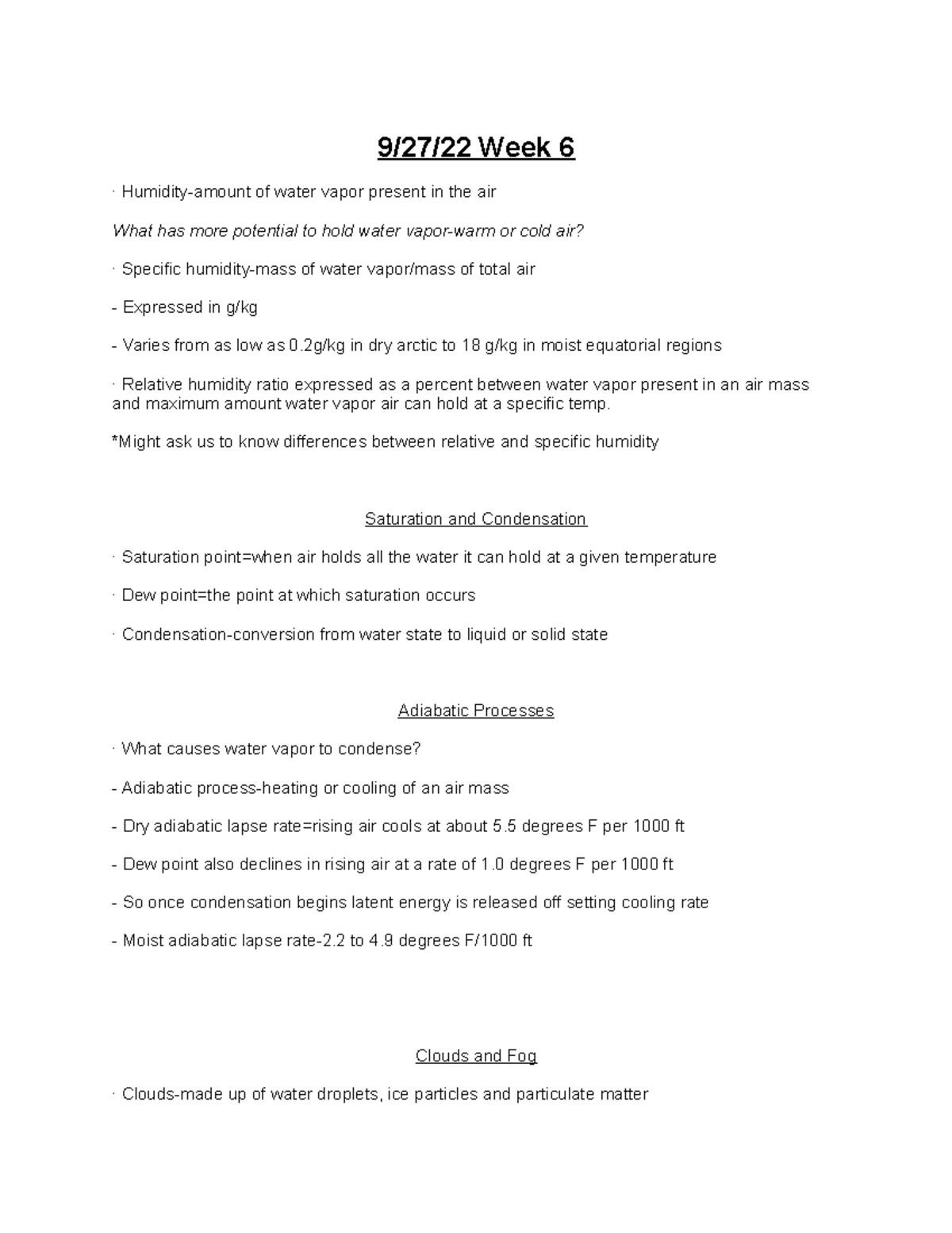 Week 6- Humidity, Saturation and Condensation, Adiabatic Processes, fog ...