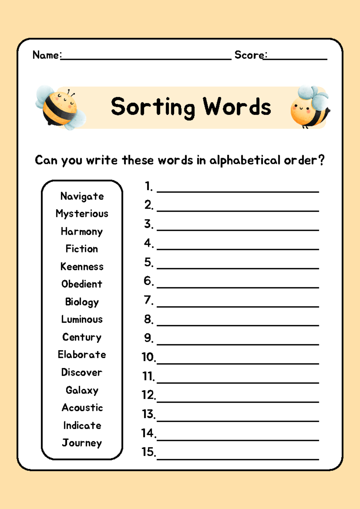 Word Sorting Worksheet in Yellow and White Simple Style - Sorting Words ...