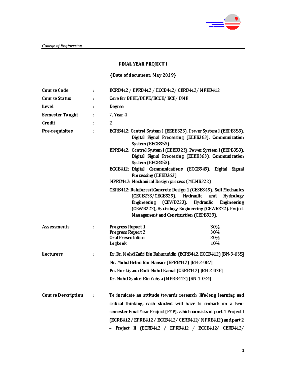 S1 2019 Fyp1 Course Outline May2019 Electromechanical System Studocu