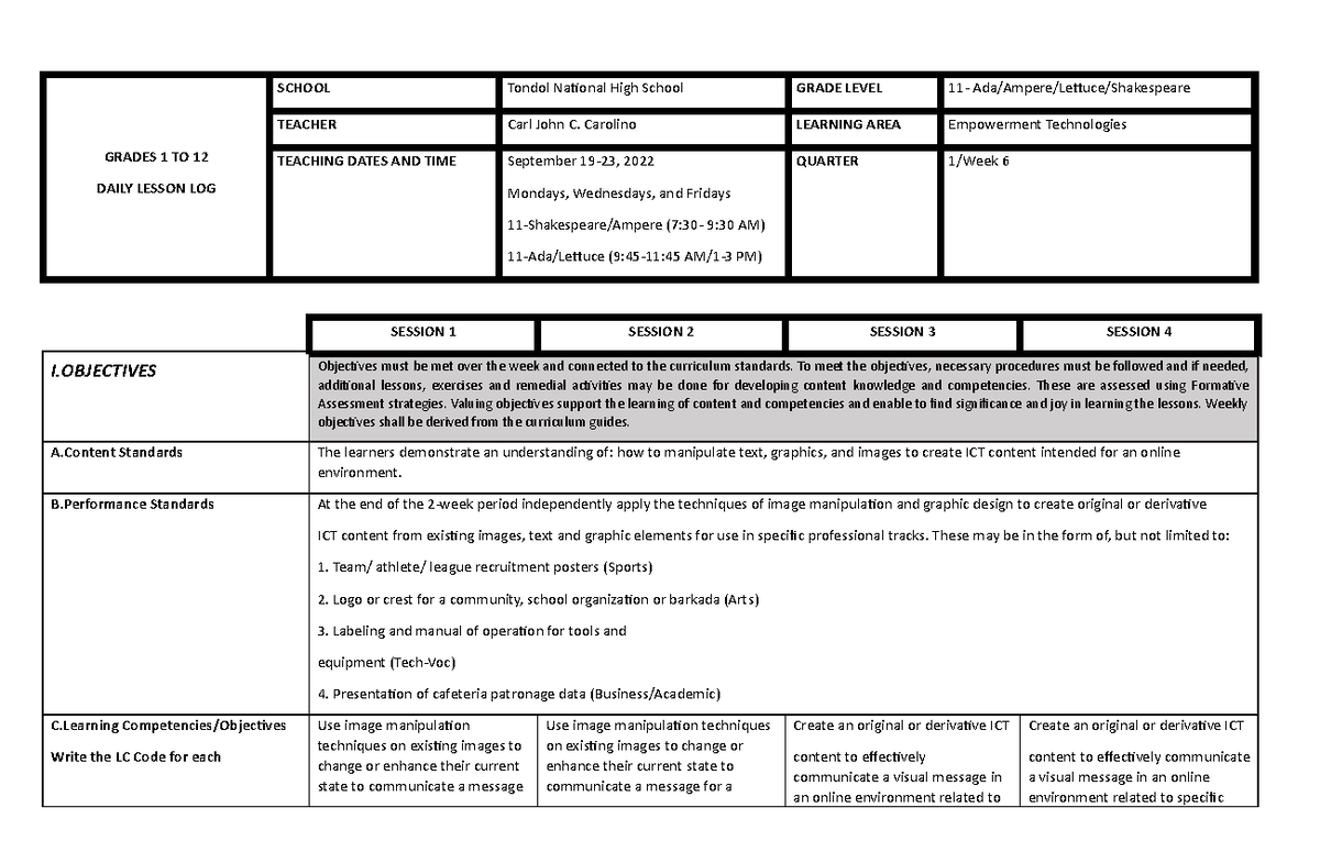 ET Q1 W6 - lesson plan - GRADES 1 TO 12 DAILY LESSON LOG SCHOOL Tondol ...