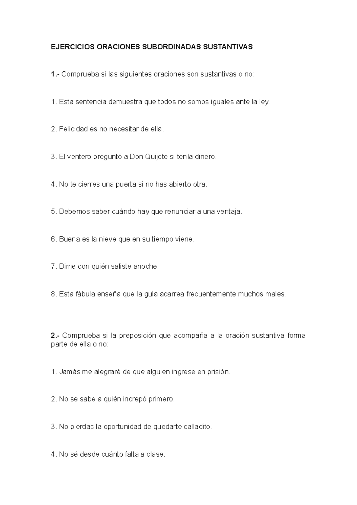 SUB Sustantivas Ejercicios EJERCICIOS ORACIONES SUBORDINADAS 