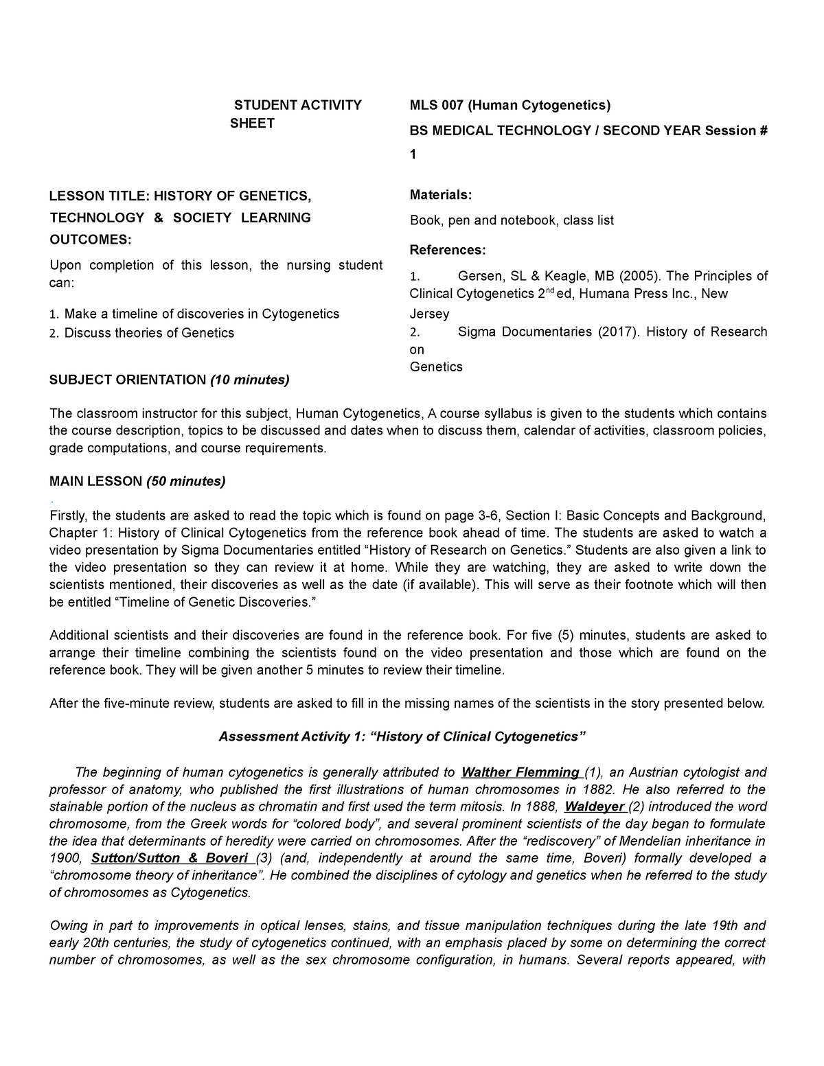 RAD CYTO - N/A - STUDENT ACTIVITY SHEET LESSON TITLE: HISTORY OF ...