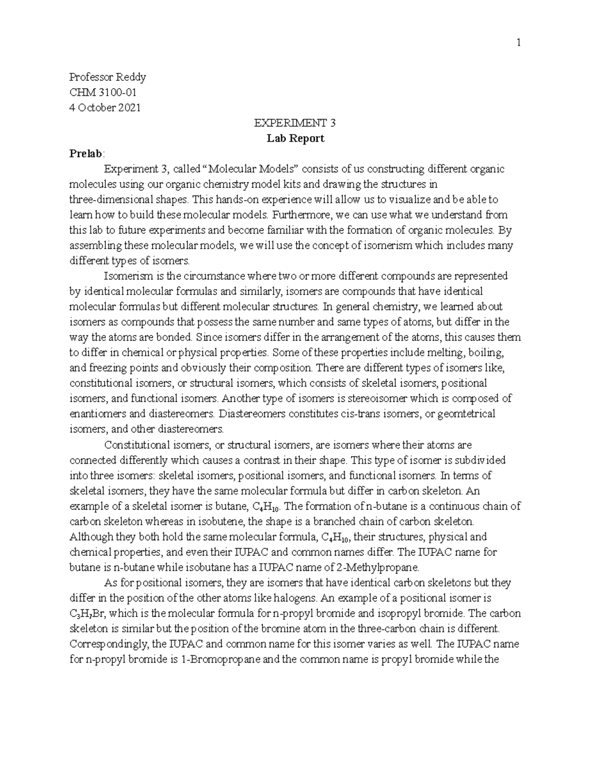CHM 310001 (3) Molecular Models Professor Reddy CHM 3100 4 October