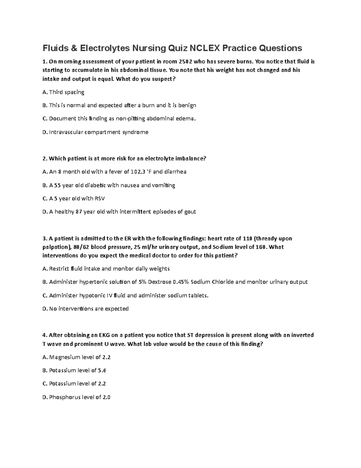 Fluid and Electrolytes Quiz - Student Handout - Fluids & Electrolytes ...