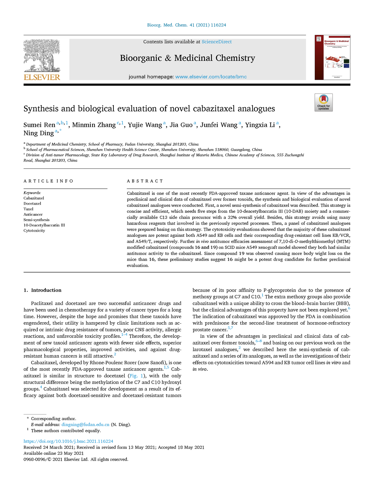 1. Ren S. Synthesis and biological evaluation of novel cabazitaxel ...