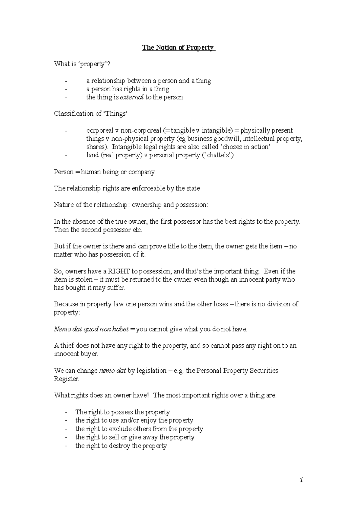 LAW 354 Property Law Lecture Notes 2019 - The Notion of Property What ...