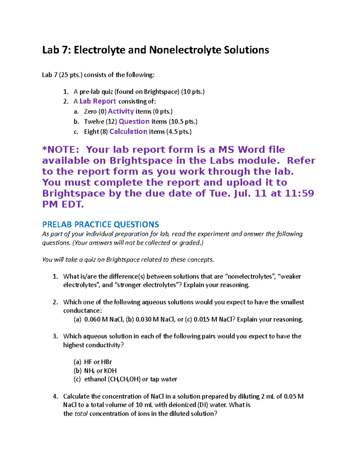 Lab 7 Electrolyte and Nonelectrolyte Solutions CHM 116 Purdue