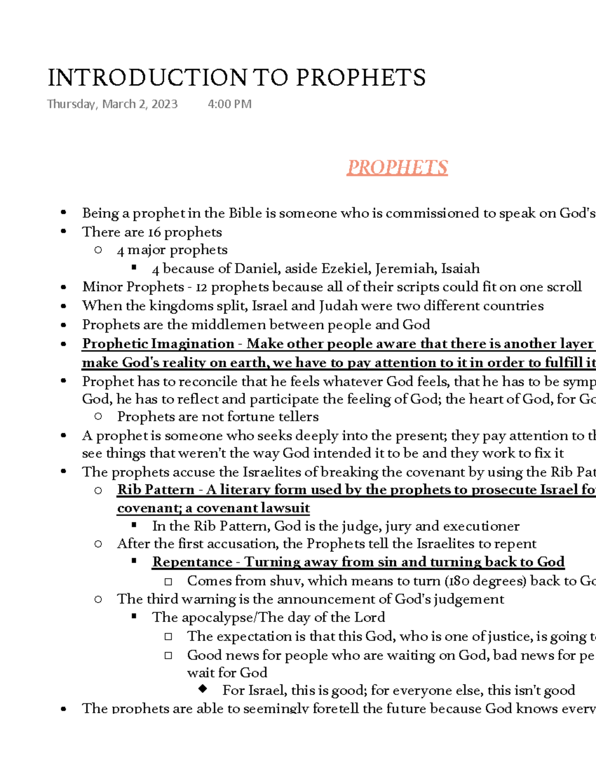 Introduction TO Prophets notes - PROPHETS Being a prophet in the Bible ...