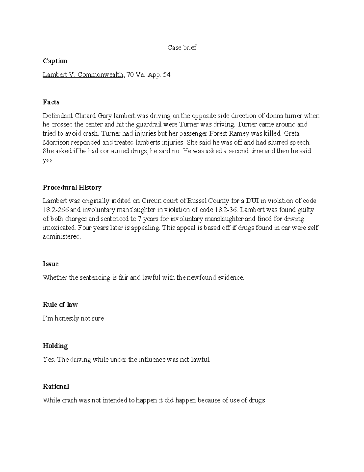 Case breif - Case brief Caption Lambert V. Commonwealth, 70 Va. App. 54 ...