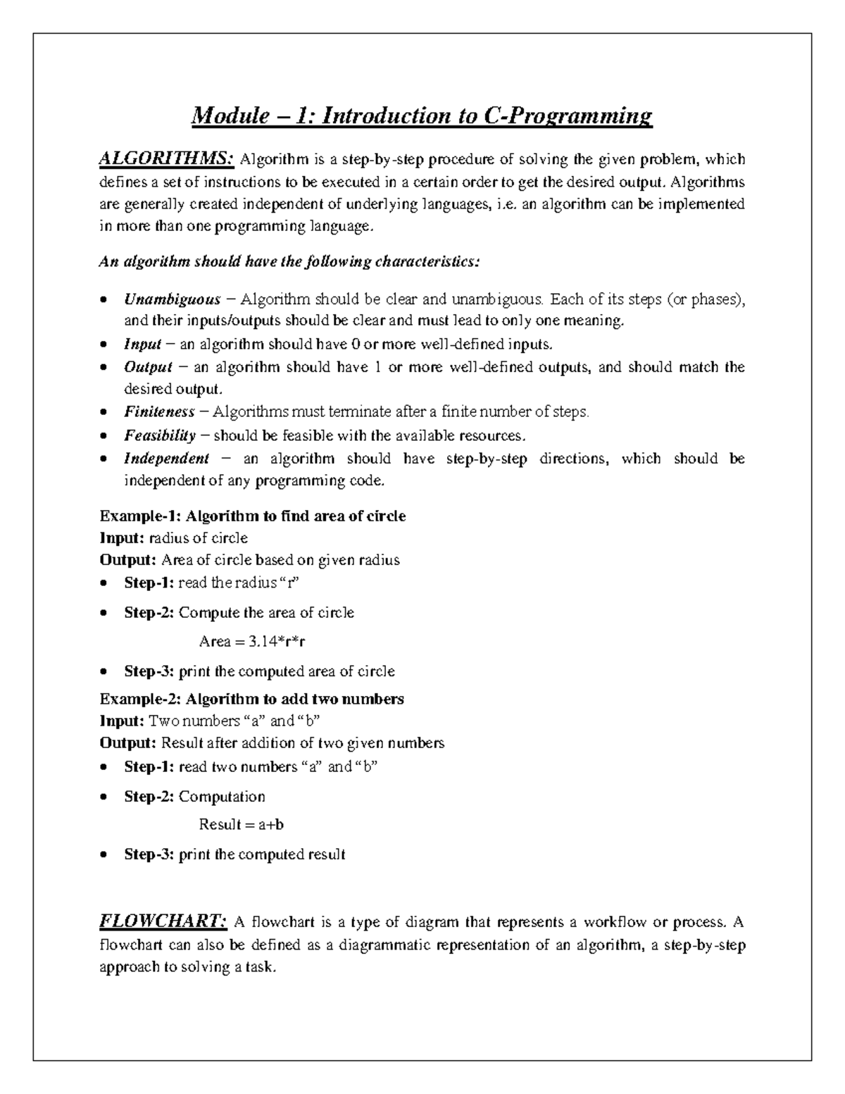 C-Notes - Module – 1: Introduction to C-Programming ALGORITHMS ...