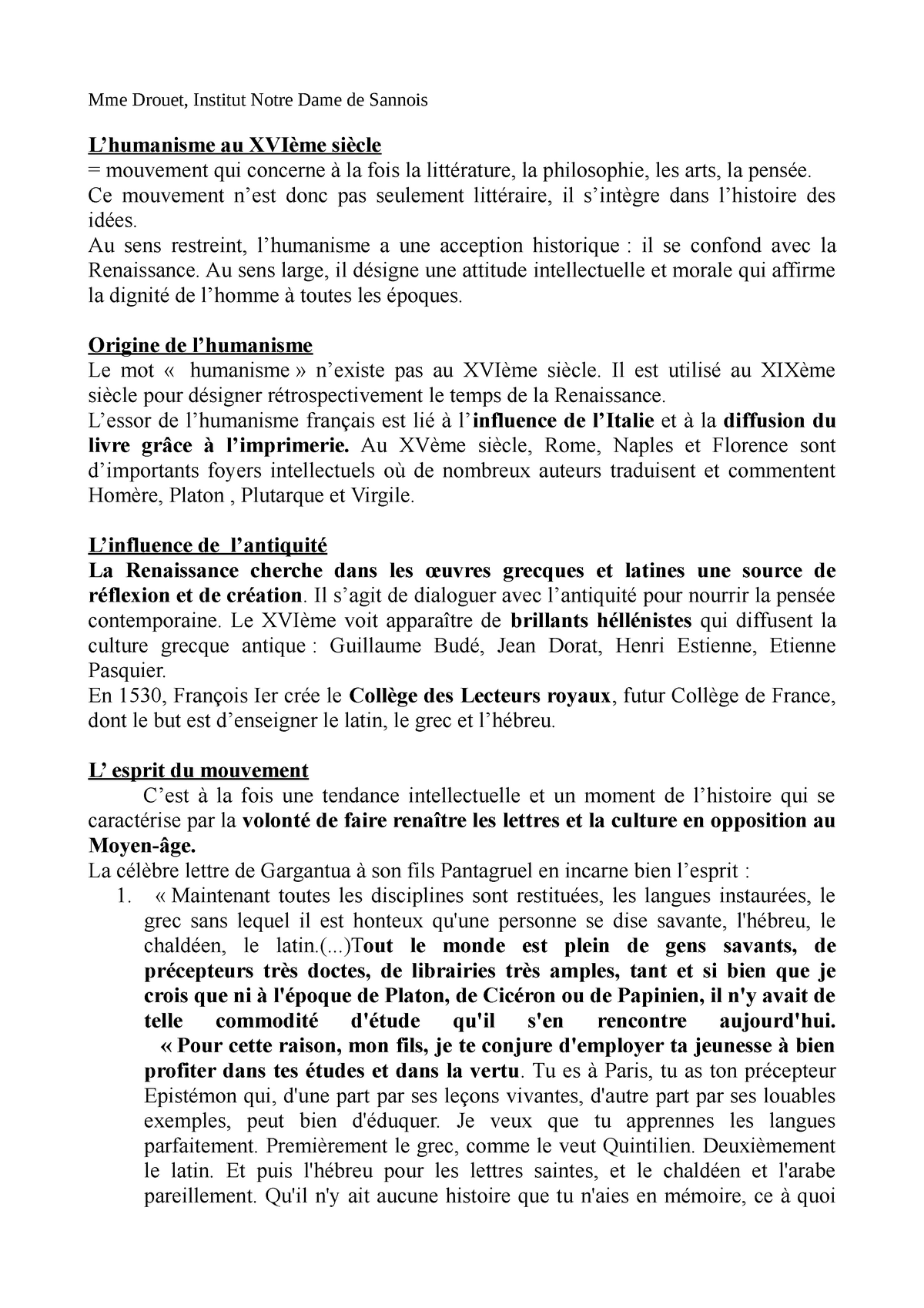 Fiche humanisme - Lecture notes 1-6 - L’humanisme au XVIème siècle ...