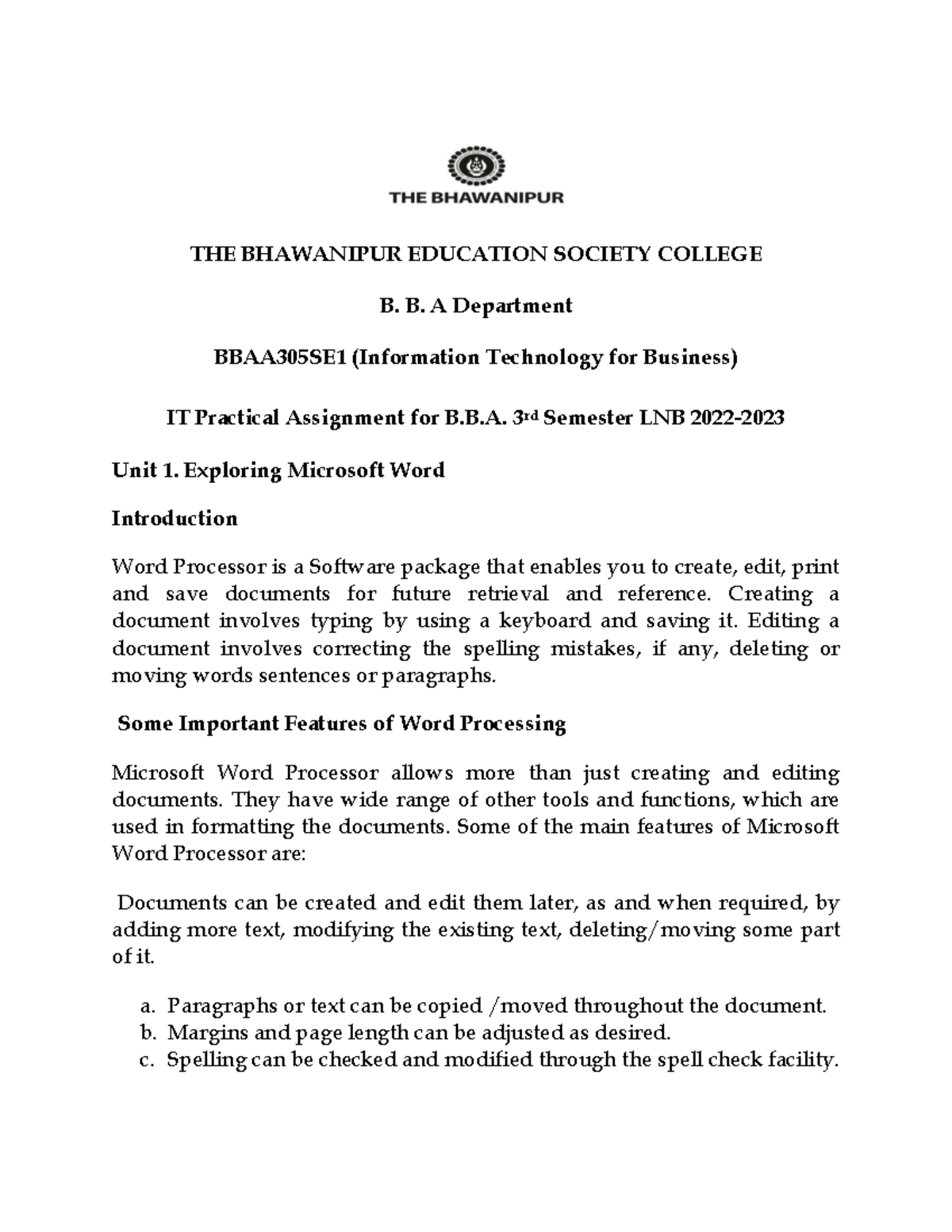 Exploring ms word - THE BHAWANIPUR EDUCATION SOCIETY COLLEGE B. B. A ...