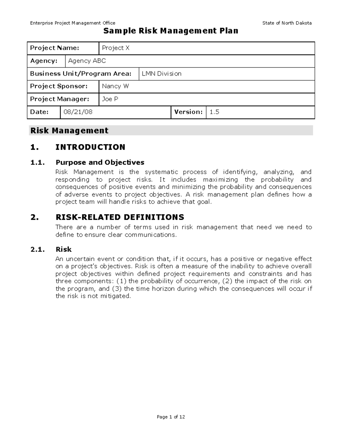 Risk management plan sample - - Studocu