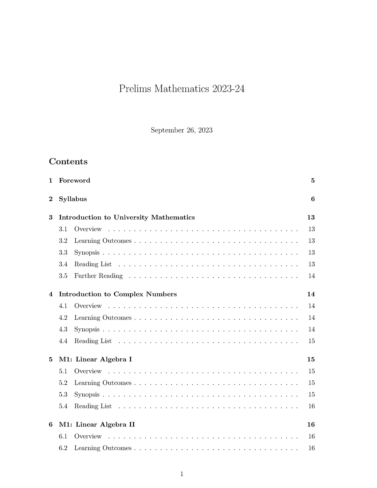 Prelims Mathematics Synopses 2023-24 - Contents - Prelims Mathematics ...