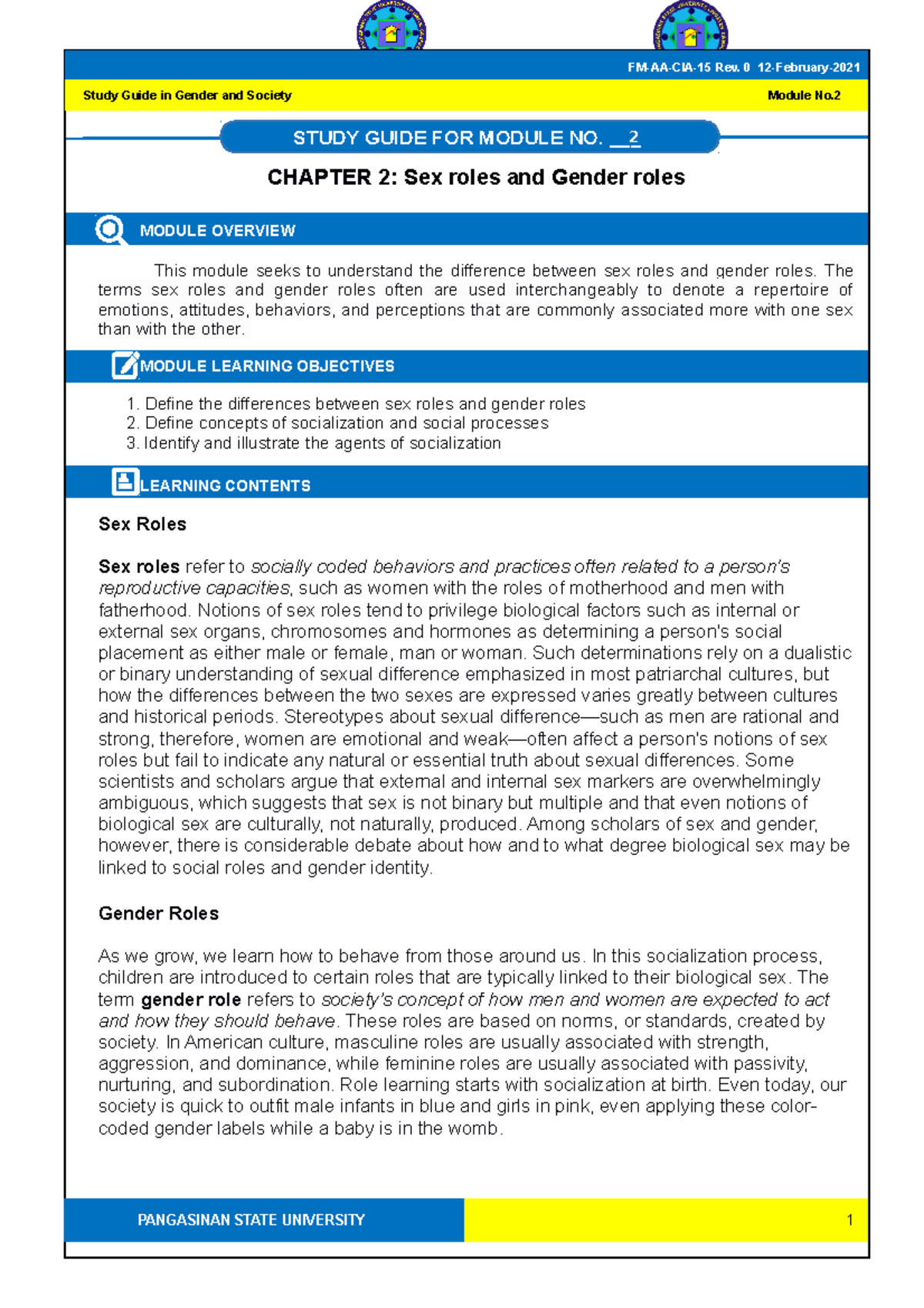 GEE2-Module-2 Sex-and-Gender-Roles - Gender And Society - PangSU - Studocu