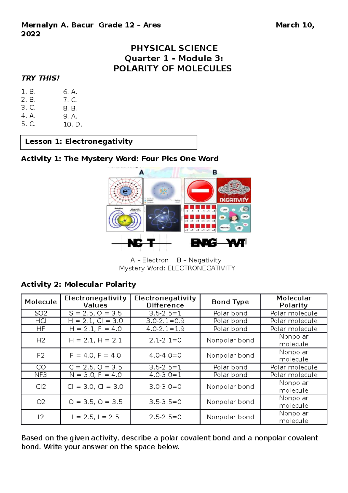 Physical Science - Padayon - Mernalyn A. Bacur Grade 12 – Ares March 10 ...