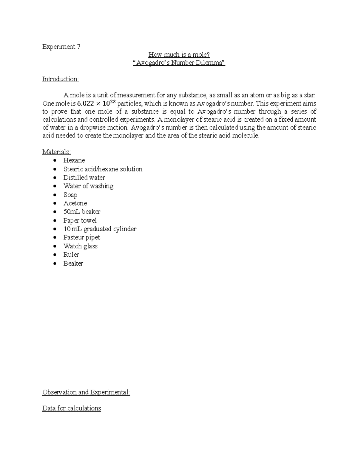 Experiment 7 Report - Experiment 7 How much is a mole? “Avogadro’s ...