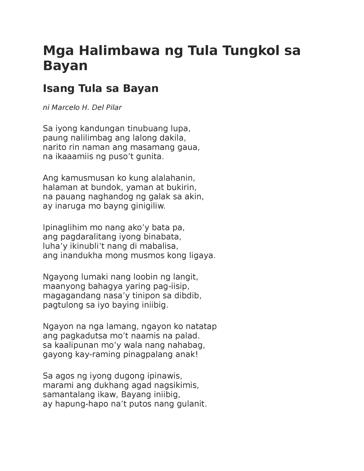 Mga Halimbawa Ng Tula Tungkol Sa Bayan Mga Halimbawa Ng Tula Tungkol Sa Bayan Isang Tula Sa 7006