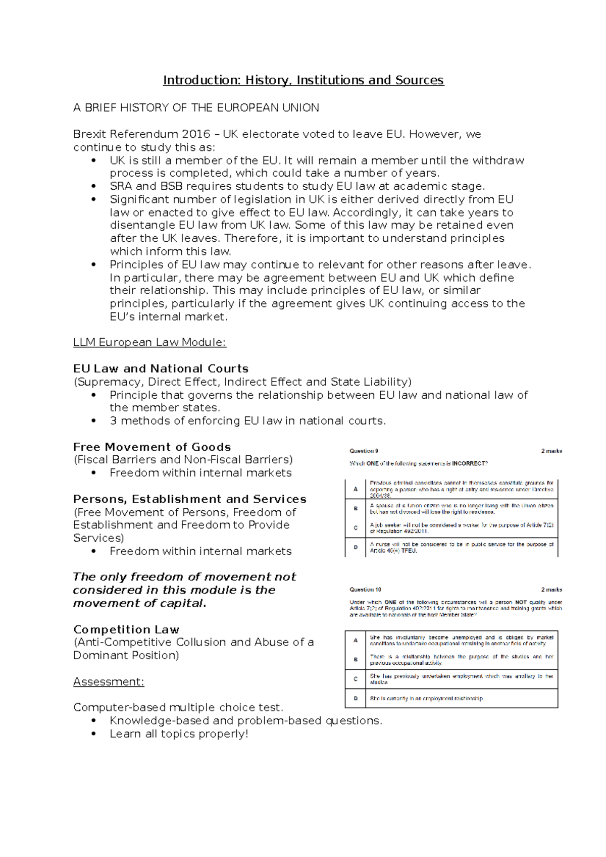 EU Law Lecture Notes - Introduction: History, Institutions and Sources ...