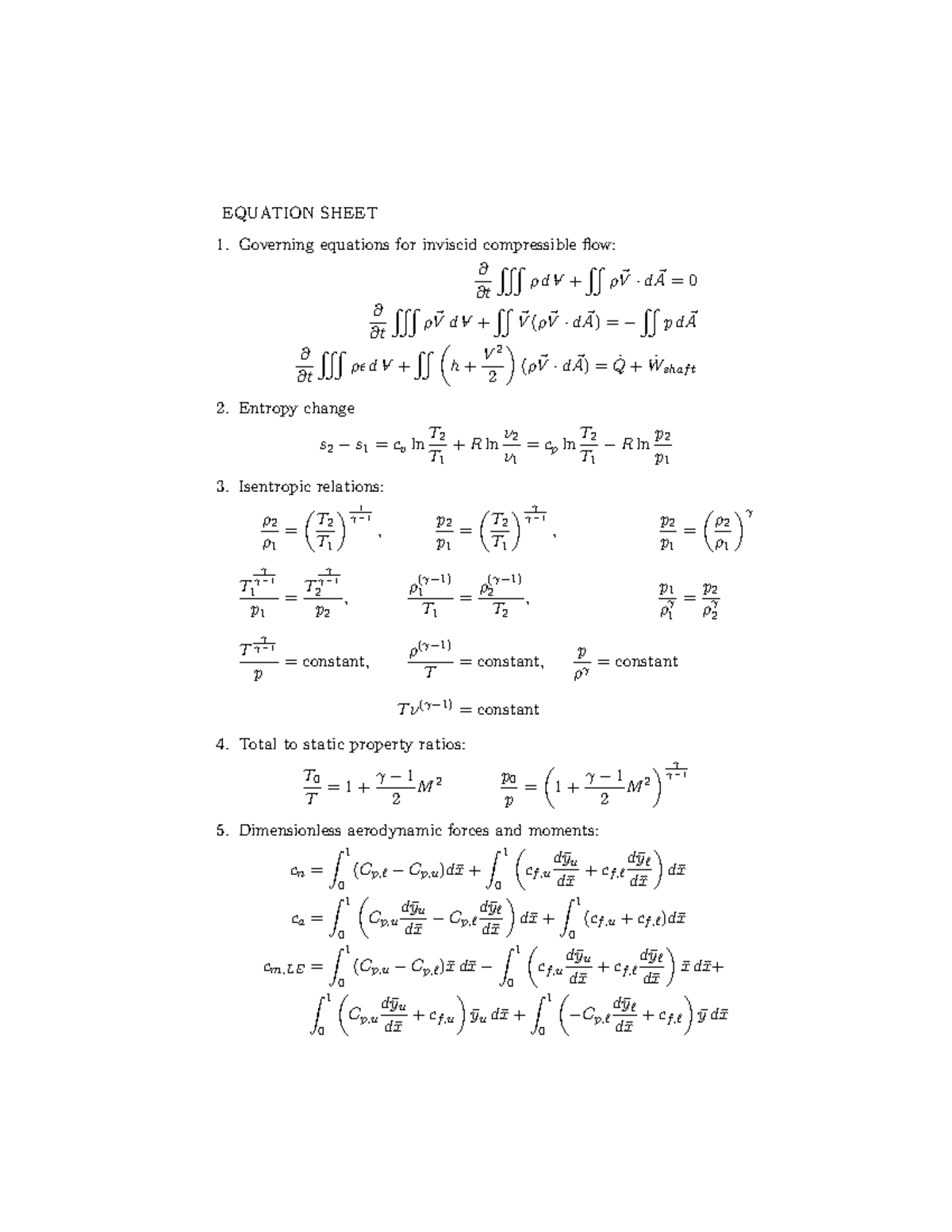 Course Equations - EQUATION SHEET Governing equations for inviscid ...