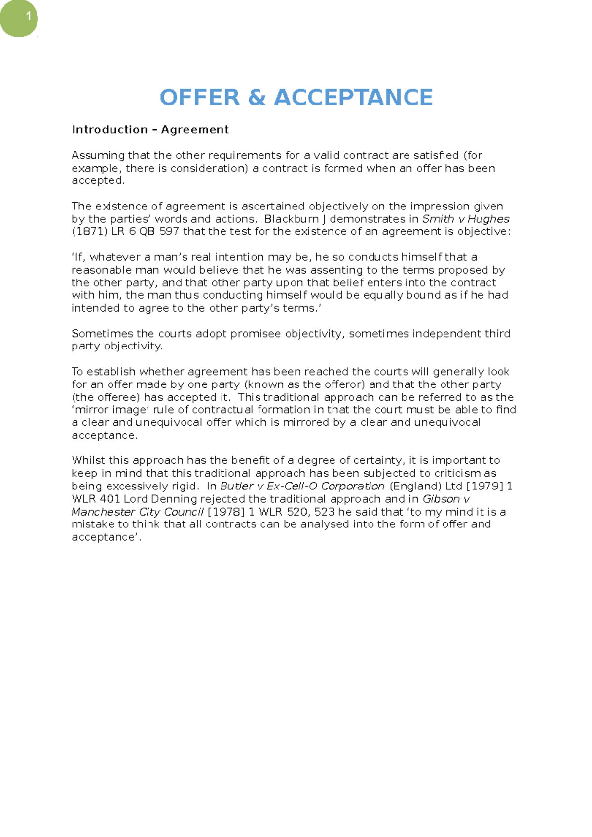 Contract Offer Intro - OFFER & ACCEPTANCE Introduction – Agreement ...