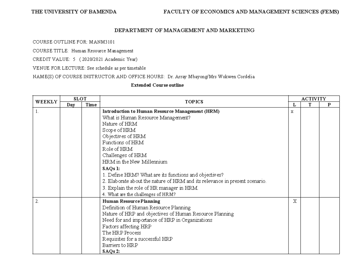 Human Resource Management outline - THE UNIVERSITY OF BAMENDA FACULTY ...