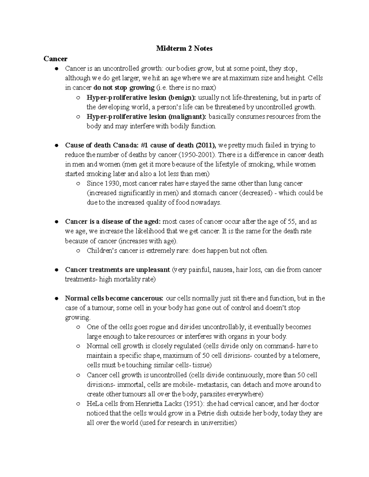 Midterm 2 Notes - Midterm 2 Notes Cancer Cancer is an uncontrolled ...