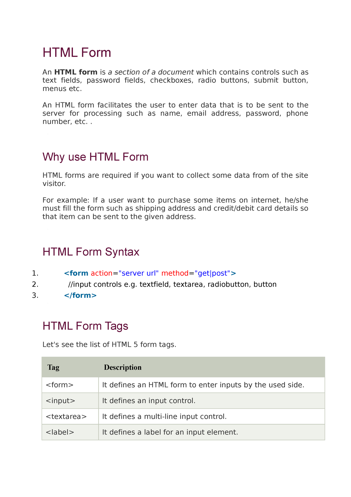 Html Form Notes - Qwdxaf - HTML Form An HTML Form Is A Section Of A ...