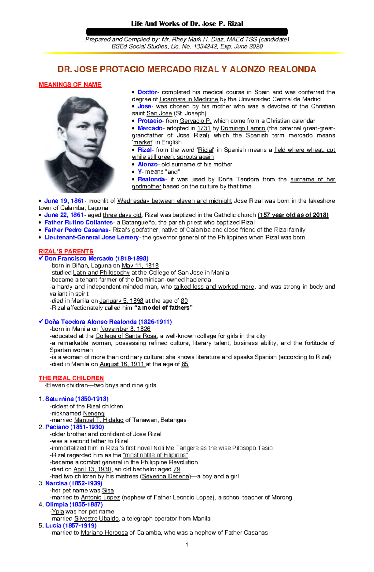 Summary - Life And Works of Dr. Jose P. Rizal - Life And Works of Dr ...