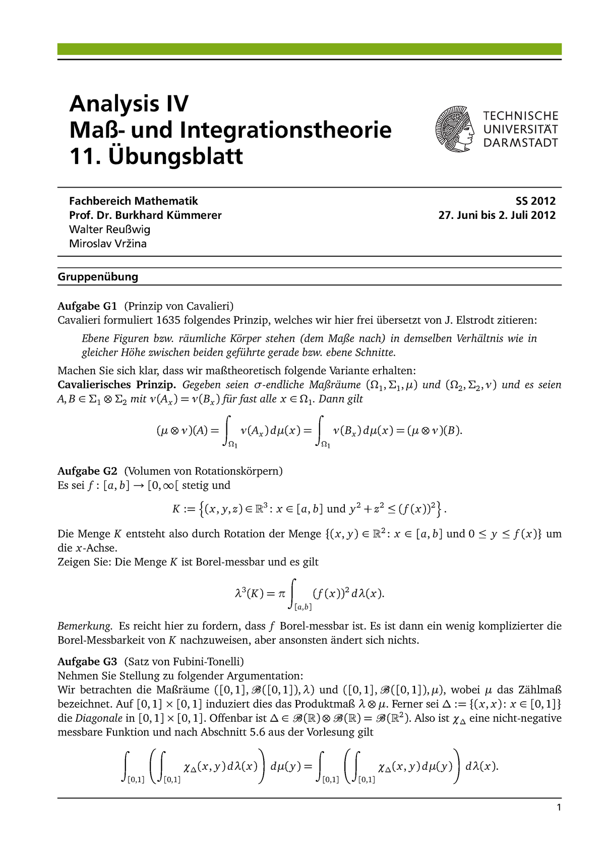 Uebung 11 - Mathe - Analysis IV Maß- Und Integrationstheorie 11 ...