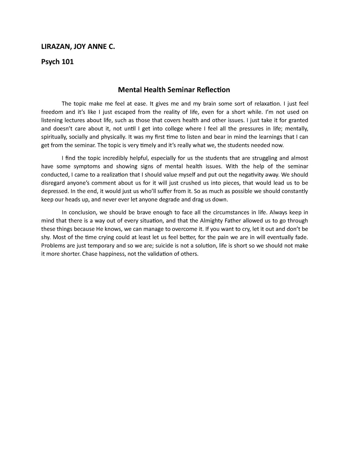 mental health reflection essay